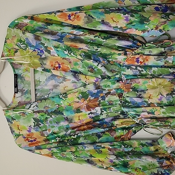 Zara Green Floral Print  V-Neck Puff Sleeve Romantic Dress  Size XS - Picture 8 of 16